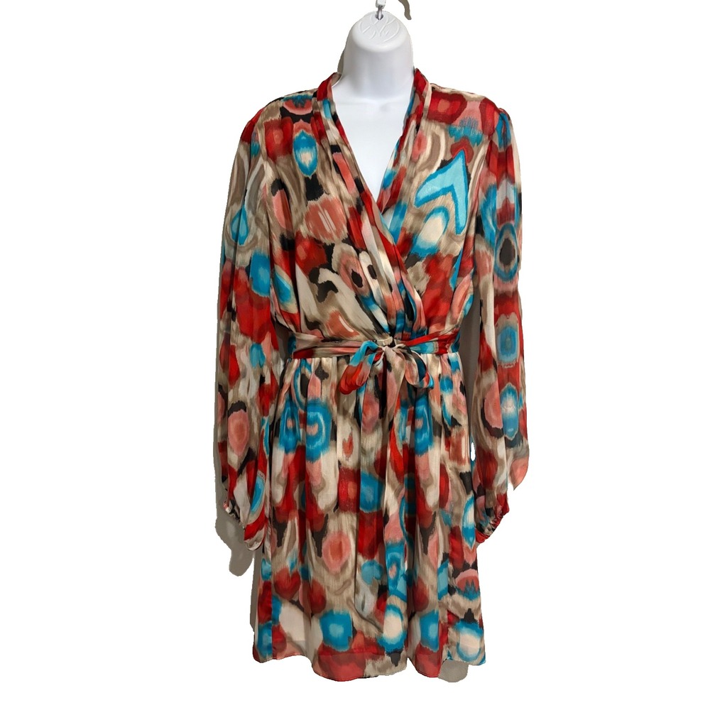 Laundry by Shelli Segal Aztec Print Silk Dress~ 12~V Neck Belted Long Slv Luxury